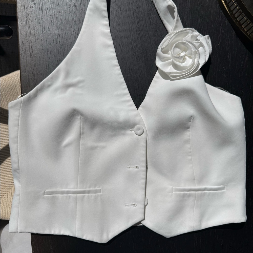 Mango White Satin Vest with Floral Accent